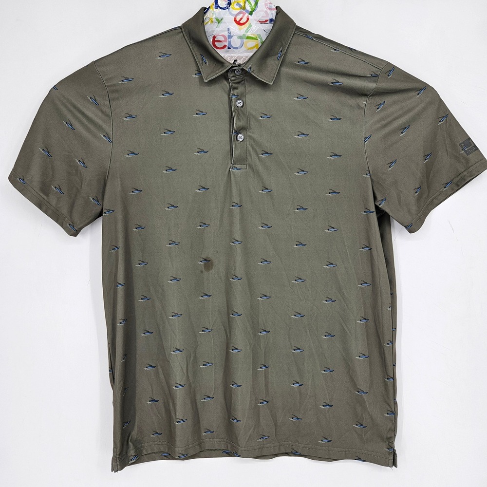 Huk Polo Shirt Mens Large AOP Short Sleeve Green Casual Preppy Performance